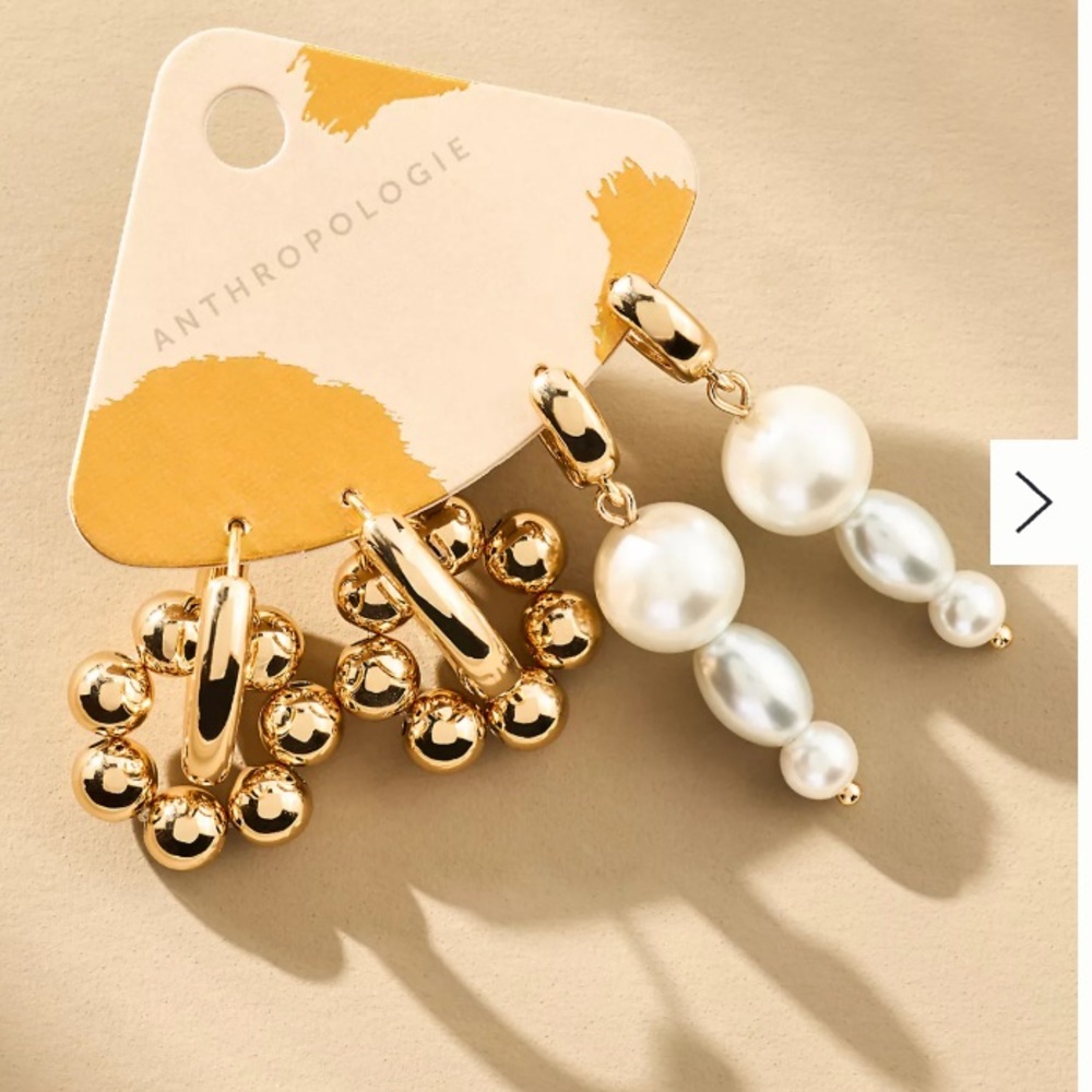 Anthropologie Gold Beaded Hoop & Pearl Drop Earring Set